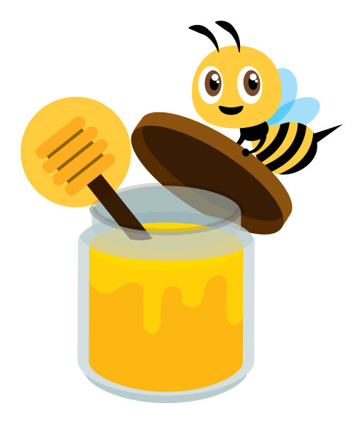 卡通可爱的蜜蜂打开蜂蜜的透明玻璃瓶盖-平面艺术矢量人物吉祥物图片下载