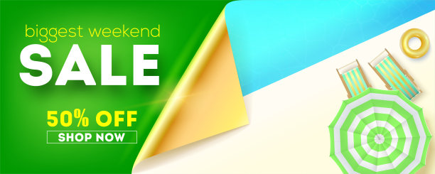 最大的周末出售。游泳池的顶视图与太阳伞和躺椅。这周的季节促销。最多打五折。有创意的广告横幅活动的折扣行动图片下载