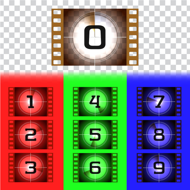 创意框架倒计时的开始数字的电影。旧电影电影计时器计数。复古电影幻灯片倒数幻灯片与圆形部分计时器隔离在垃圾背景。色彩斑斓的向量集。图片下载