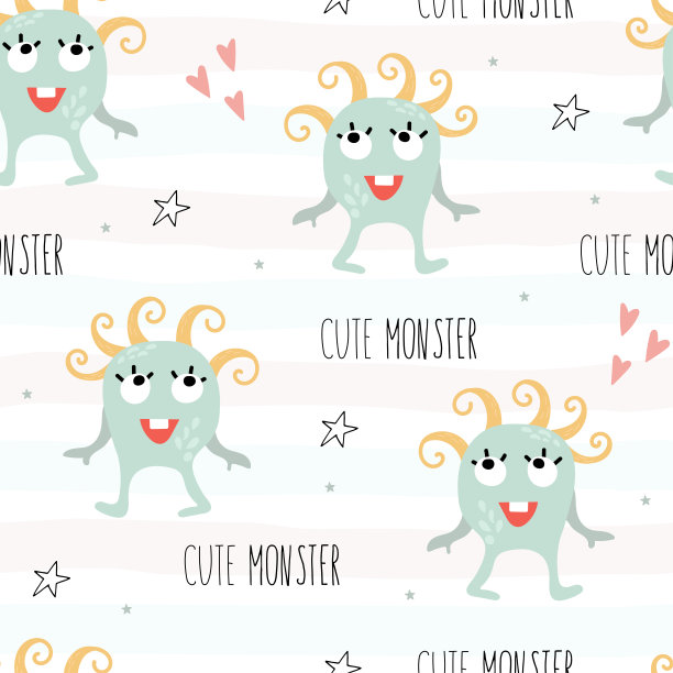 有趣的怪物。可爱的无缝图案为儿童设计。甜美微笑的生物在明亮的颜色矢量。很棒的幼稚的背景图片下载