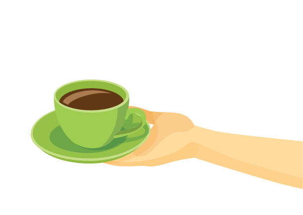 咖啡杯在托盘上的绿色盘子在人的手在白色的背景插图向量图片下载