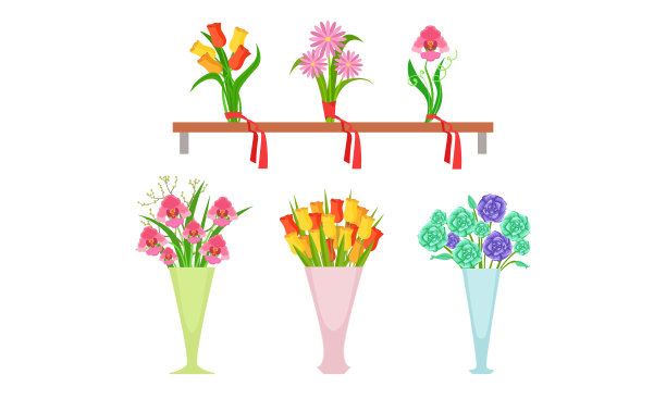收集美丽的花束在木架子和花瓶，花，花店设计元素矢量插图图片下载