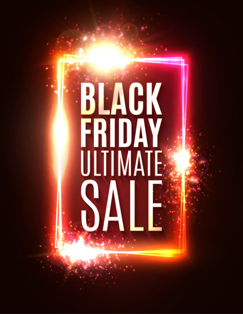 黑色星期五终极大甩卖。打折销售的节日背景与闪光星星烟花颗粒。在暗红色背景上的电发光效果。彩色的夜晚矢量插图。图片下载