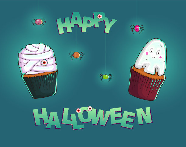 万圣节蛋糕。带妈妈的蛋糕和带石膏的蛋糕。万圣节的蓝色背景上发光的蜘蛛。万圣节的问候。梯度的信件。图片下载