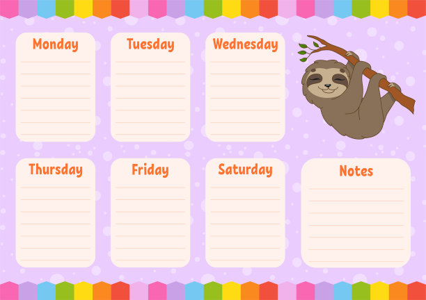 学校的日程安排。孩子的时间表。空的模板。每周计划员和笔记。孤立的颜色矢量插图。有趣的角色。卡通风格。图片下载