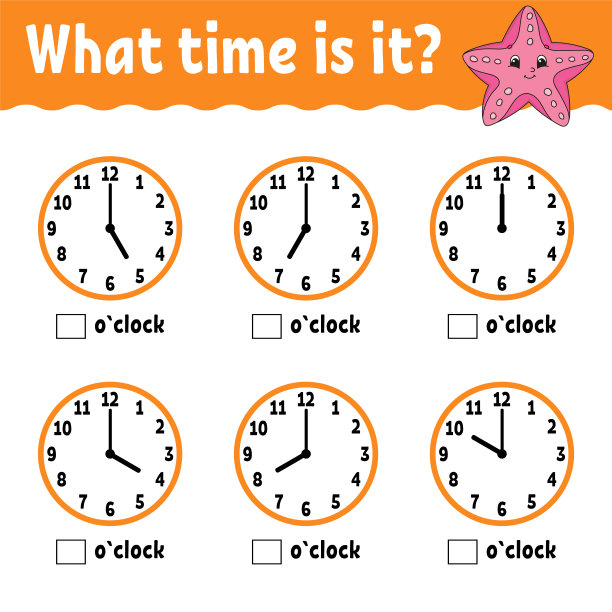 学习时间靠时钟。儿童和学步儿童的教育活动工作表。游戏对孩子们。简单的平面孤立矢量插图在可爱的卡通风格。图片下载