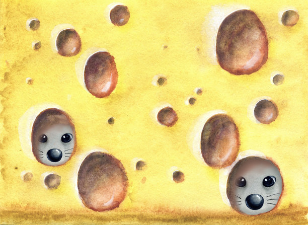 卡通动物老鼠，老鼠藏着一块奶酪。2020年中国新年和圣诞节的象征。手绘水彩画为设计背景，横幅，模板，问候。图片下载