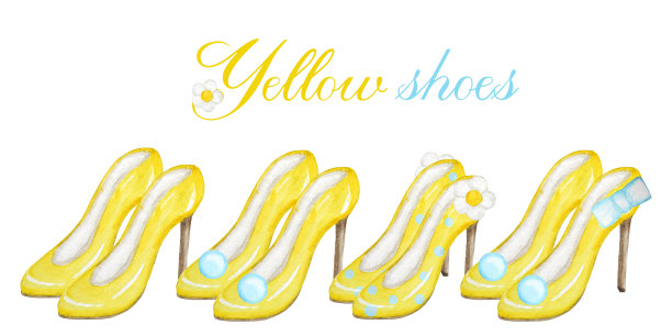 黄色时尚女鞋的高跟鞋。聪明的奢侈女士鞋收集。手绘水彩插图孤立的白色背景。图片下载