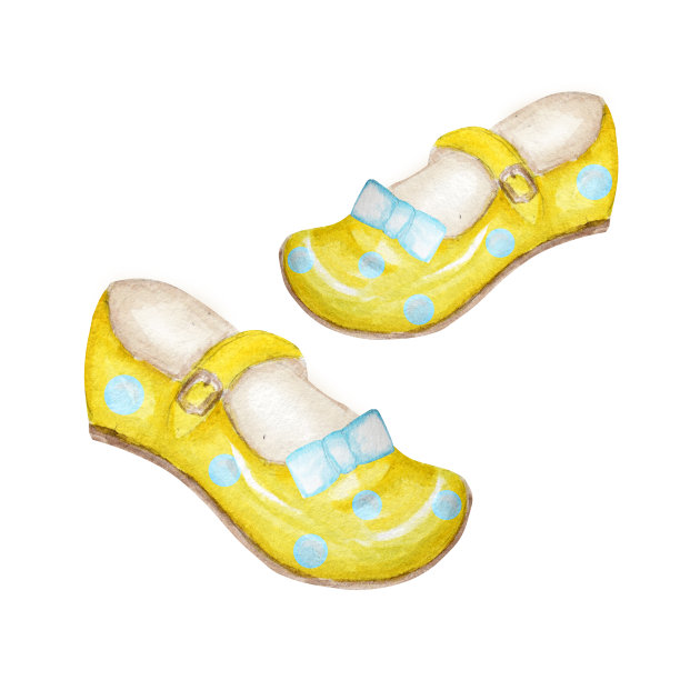黄色儿童女童鞋，聪明儿童时装鞋收藏。手绘水彩插图图片下载