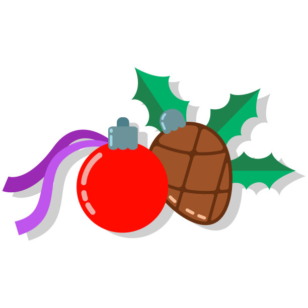 圣诞冬青浆果叶，松果和树球的丝带套装玩具。矢量平面图标孤立在白色背景。图片下载