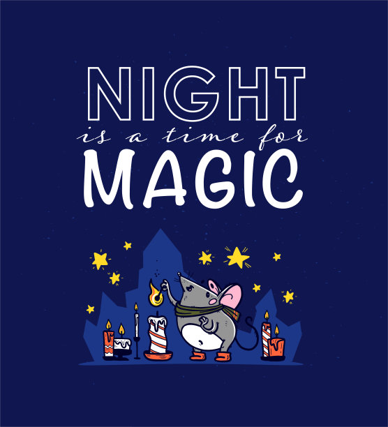 夜晚是魔法概念的时刻。可爱的手绘鼠标角色在晚上燃烧蜡烛的矢量插图。图片下载