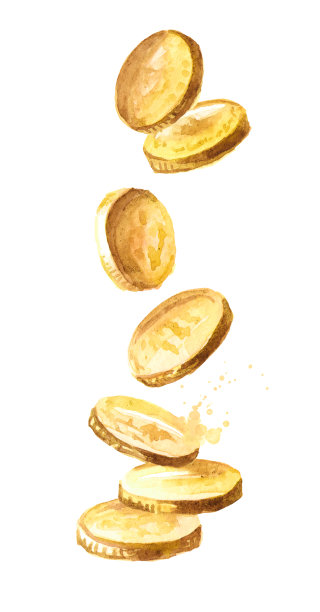金币下落，货币下落。头奖或成功的概念。水彩手绘插图，孤立的白色背景图片下载