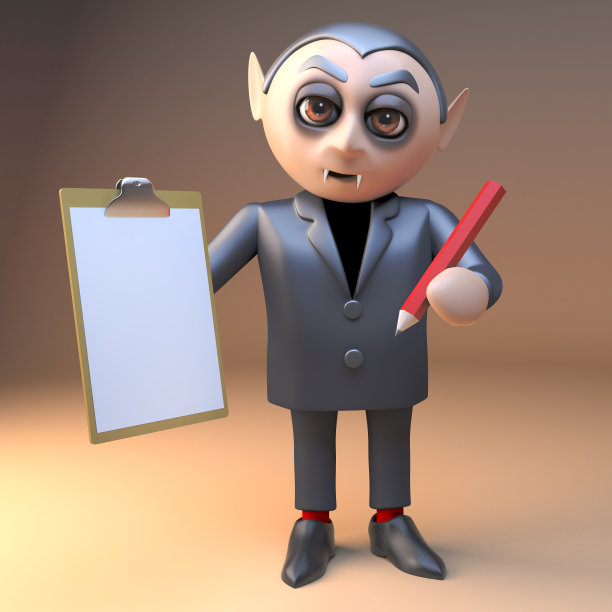 3d卡通吸血鬼吸血鬼的万圣节角色拿着一个剪贴板和铅笔，3d插图图片下载