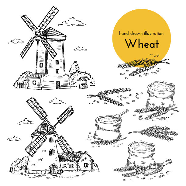 一套面粉和小麦手绘插图。为咖啡厅、餐厅、食品包装设计效果图图片下载