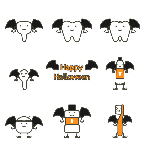 万圣节快乐牙齿，牙刷，牙膏，漱口水和带有蝙蝠翅膀和吸血鬼牙的牙线图片下载