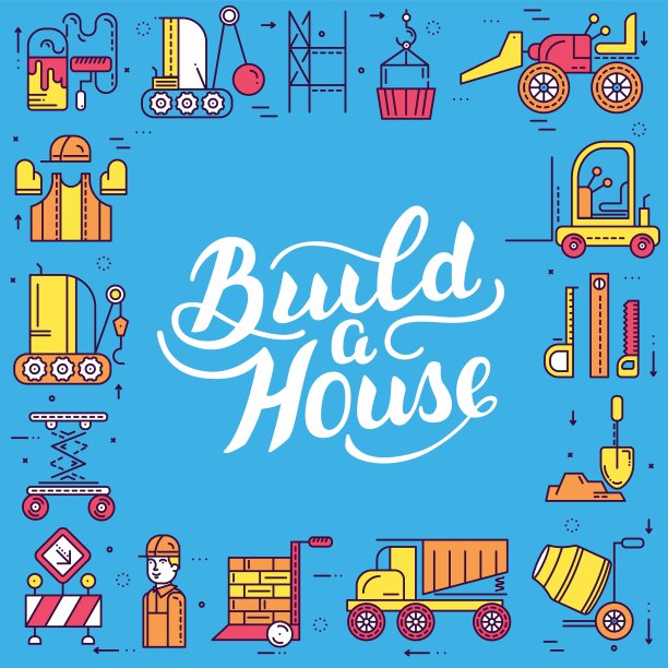 建筑工做劳动和工作与重型车辆的概念。建筑工地平面工人矢量设计图。图片下载