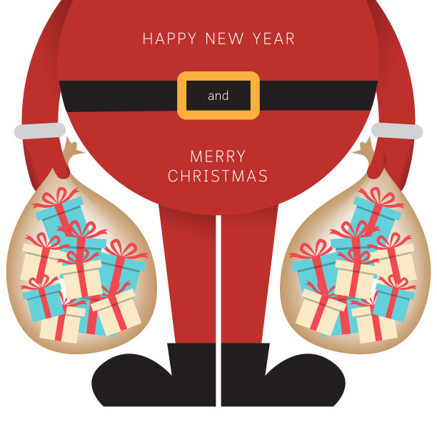 卡通圣诞老人站着，手里拿着一袋袋的礼物。图片下载