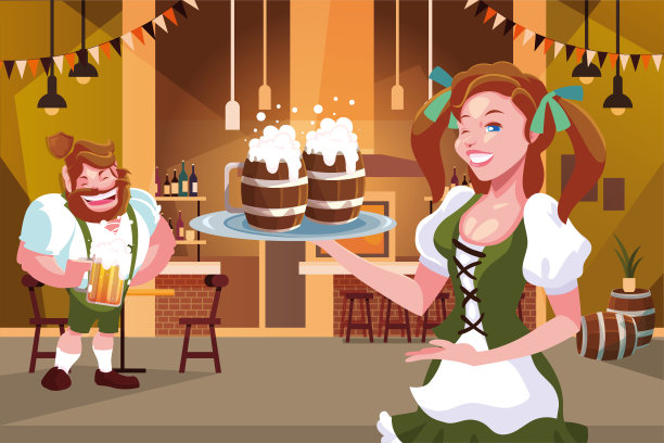 在慕尼黑啤酒节庆祝活动中，几位身着德国传统服饰的人们喝着啤酒图片下载