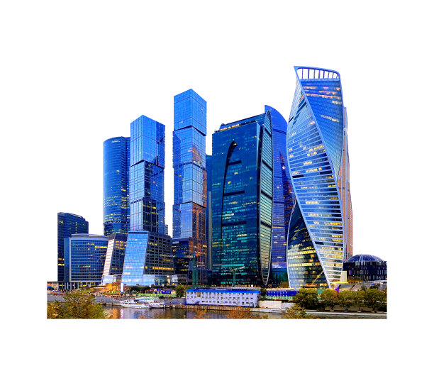 在莫斯科市区高楼的广角视野与河孤立的白色背景反射图片下载