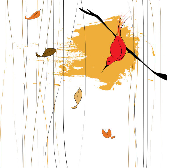 树枝和风中的鸟。矢量插图。图片下载
