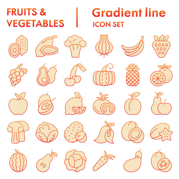水果和蔬菜平面图标集，农业食品符号收集，矢量草图，标志插图，维生素标志橙色梯度象形图包装孤立在白色背景，eps 10。图片下载