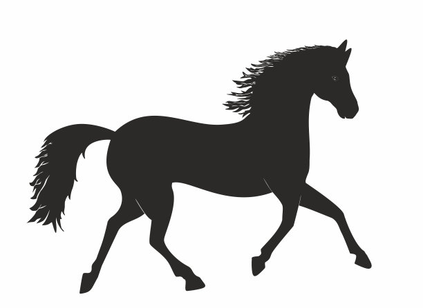 矢量插图，美丽的经典马在剪影黑色和白色，小跑，小跑，跑步。图片下载