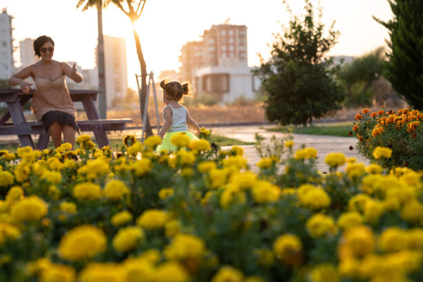 母亲和好玩的婴儿学步的女儿在公共公园图片下载