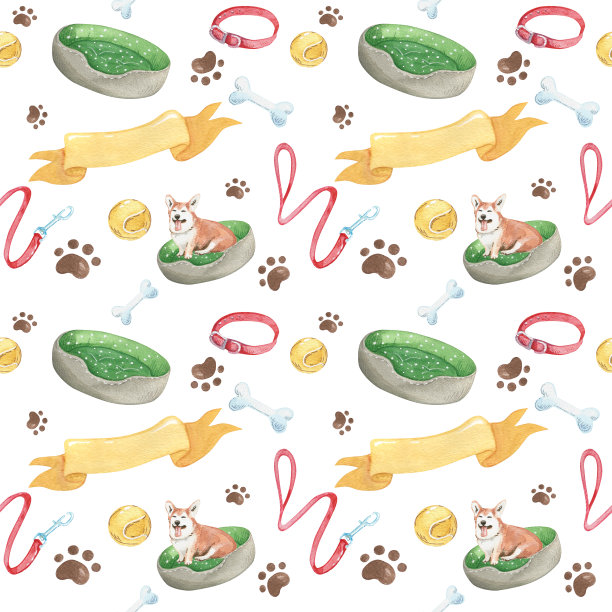 柯基犬和野生植物。无缝模式。图片下载