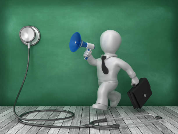 听诊器与商业字符运行与扩音器在黑板背景- 3D渲染图片下载