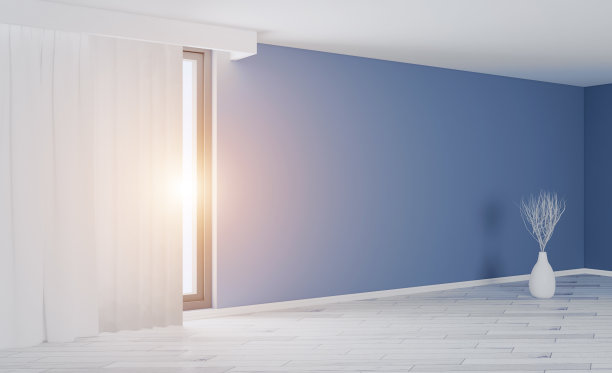 空的内部，蓝色的墙壁和大窗户。白枝装饰花瓶。由天然木材制成的轻镶木地板。日落。3 d渲染。图片下载