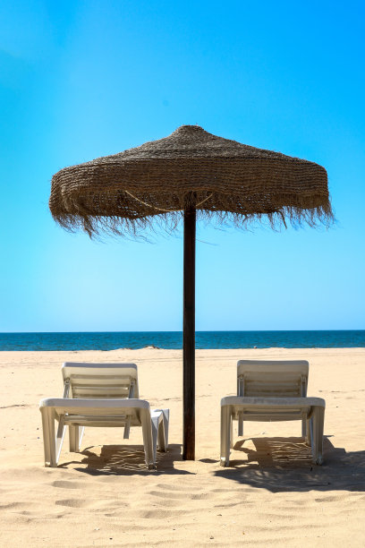沙滩上的遮阳伞由天然木材制成，还有两个阳光躺椅。图片下载