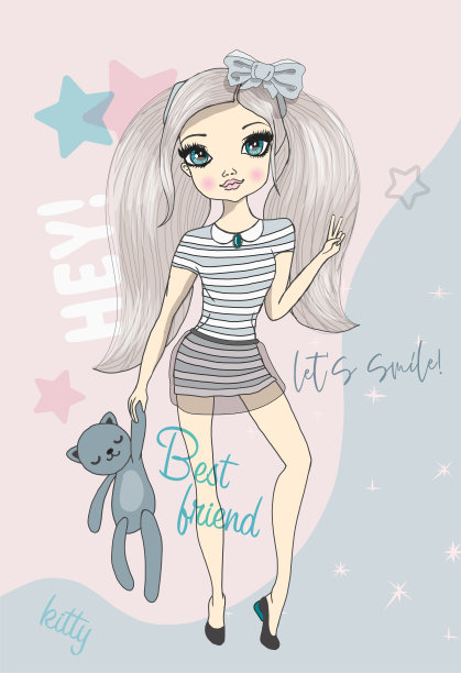 可爱的女孩大眼睛金发手绘插图素材图片