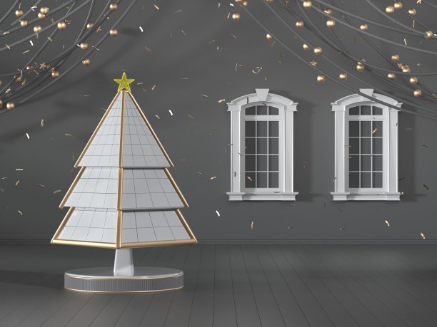 3d渲染图像的圣诞树设计装饰在黑色豪华房间的背景。图片下载
