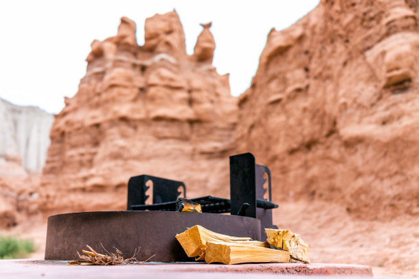 篝火篝火坑烧烤低角度的观点与原木和沙漠景观没有人在哥布林山谷州立公园营地营地图片下载