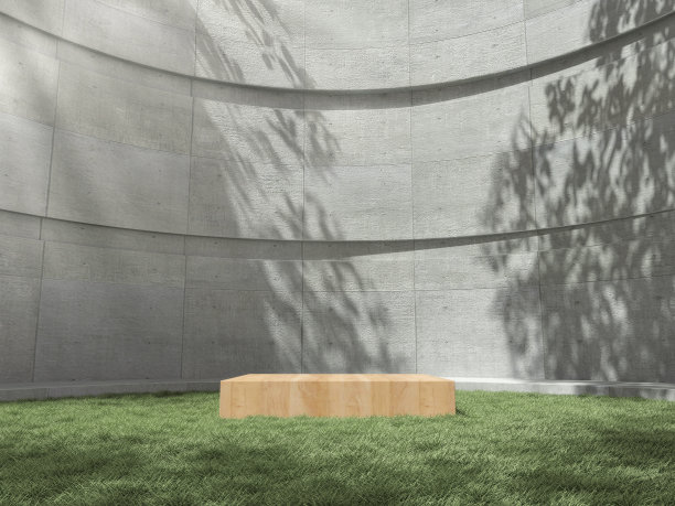 展示木基座，设计平台，空白产品站在草坪上，墙上有树木的阴影。3d渲染。图片下载