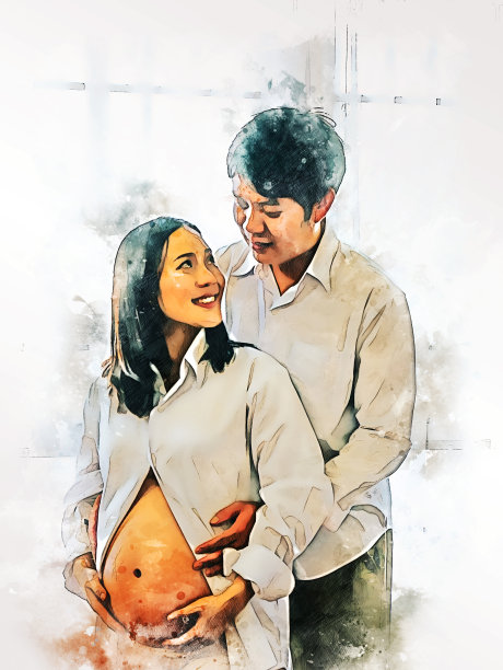 抽象彩色特写孕妇与丈夫和拥抱在水彩插画的背景。图片下载