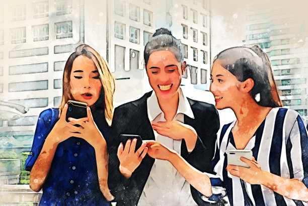 抽象多彩的商务女性微笑和快乐的寻找工作上的手机设备上的水彩画插图背景。图片下载