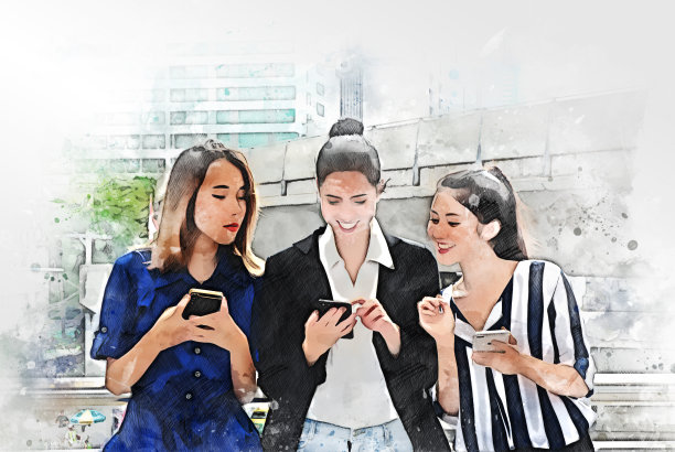 抽象多彩的商务女性微笑和快乐的寻找工作上的手机设备上的水彩画插图背景。图片下载