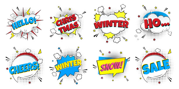 8 .在演讲中滑稽的冬季字母泡泡漫画风格的平面设计。动态波普艺术矢量插图孤立的白色背景。漫画风格波普艺术的感叹词概念。图片下载