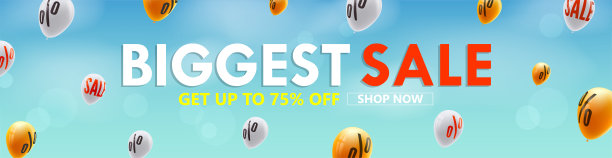 最大的一次销售，最高可获得75%的折扣。商店现在。在蓝天上，以气球飞行为背景，以降价为标志的广告。矢量模板3d插图图片下载