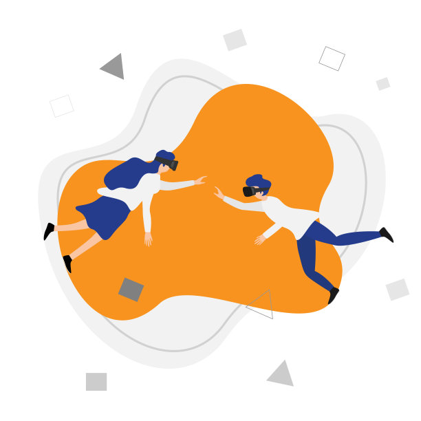 男人和女人佩戴VR头显体验虚拟现实。扁平设计风格的未来科技人物矢量插画图片下载