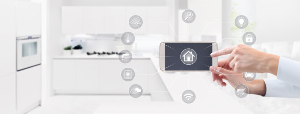 智能家居自动化控制概念手触摸手机屏幕与灰色符号图标厨房背景网络横幅和复制空间模板图片下载