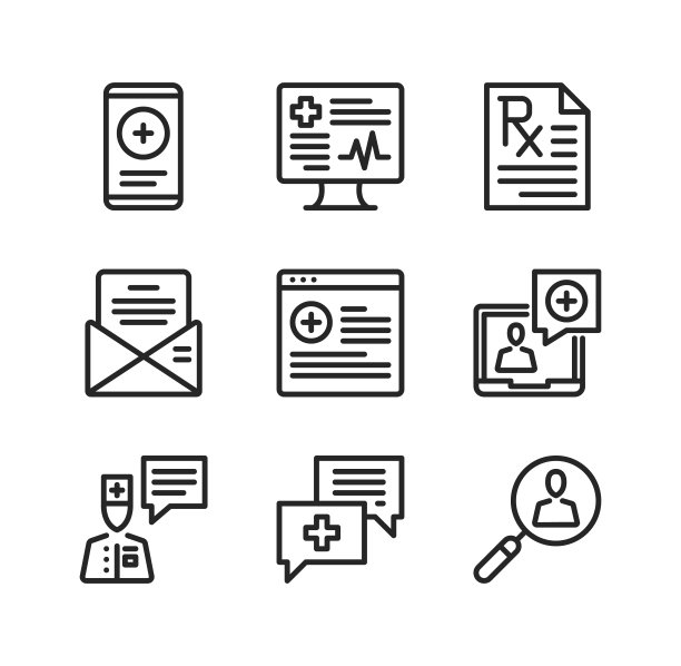 在线医生线图标。在线医疗服务、远程医疗、医疗咨询、视频咨询等概念。简单的轮廓符号，现代线性图形元素的集合。向量线图标集图片下载