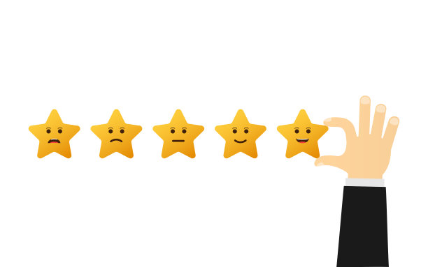 我们需要你的反馈。徽章，印有快乐和不快乐面孔的图标。平面矢量插图上的白色背景图片下载