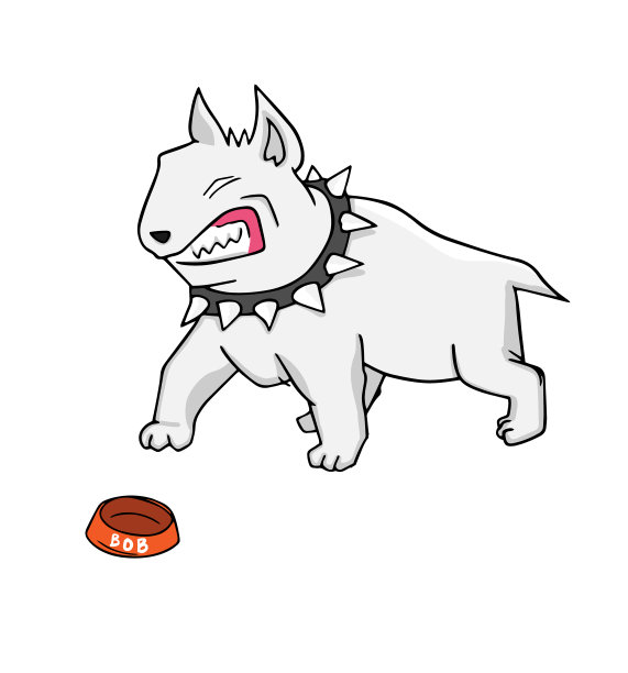 2D平面，抽象kawaii角色，向量设计狗是愤怒和饥饿的饲料宠物碗，创意插图可爱的卡通对象在白色的背景，可爱和kawaii概念。图片下载