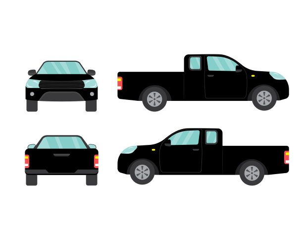 一套黑色皮卡在白色背景，矢量插图图片下载