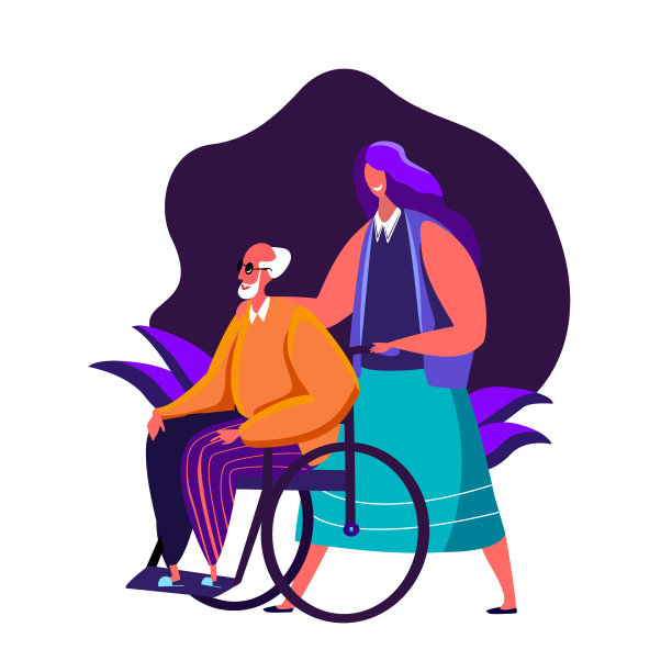 可爱的女儿或孙女和她残疾的父亲或坐在轮椅上的祖父一起走，抚摸他的肩膀图片下载