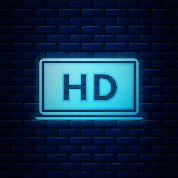 发光的霓虹灯笔记本电脑屏幕与高清视频技术图标隔离在砖墙背景。矢量图图片下载