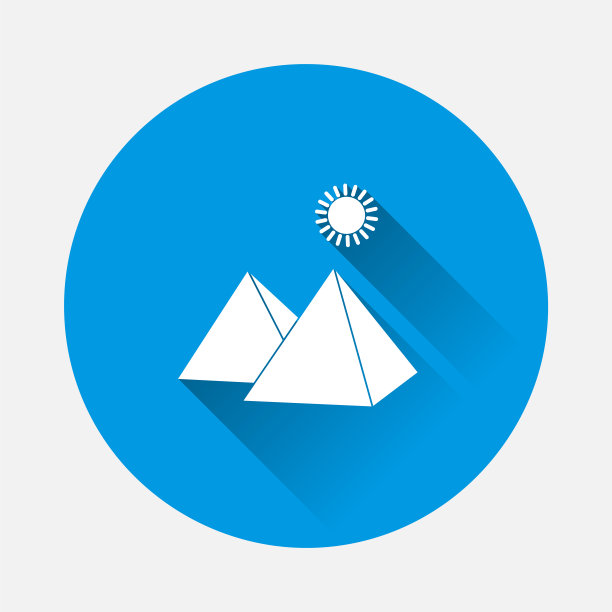 矢量图标金字塔和太阳在沙漠上的蓝色背景。平面图像与长阴影。图片下载