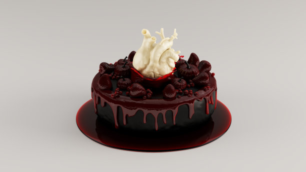 黑色装饰万圣节蛋糕与白巧克力心脏和血草莓酱小果酱方旦草莓南瓜和浆果豪华万圣节蛋糕糖果图片下载